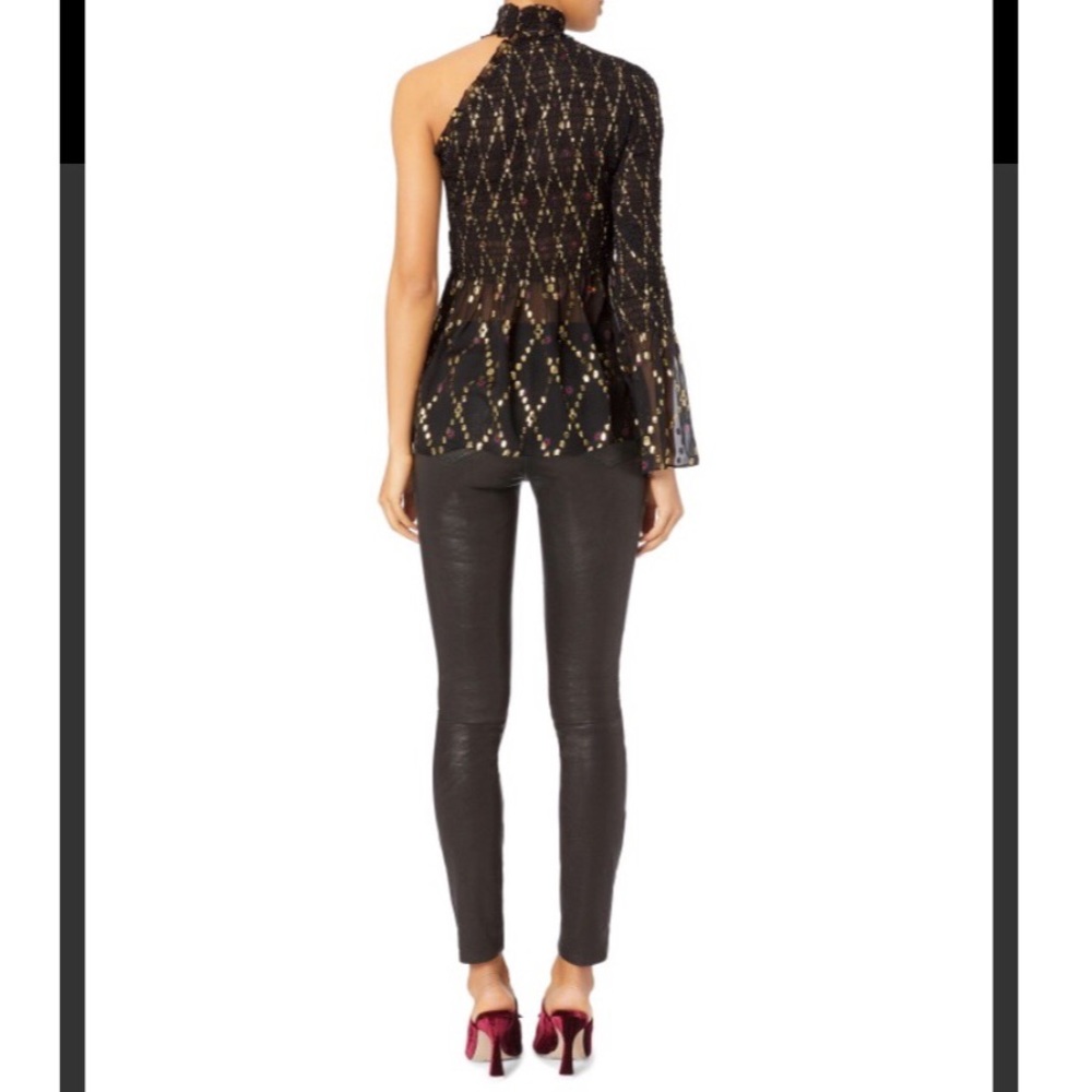 A.L.C. One shoulder one sleeve silk metallic gold thread mock neck top sz.0 - Picture 3 of 15